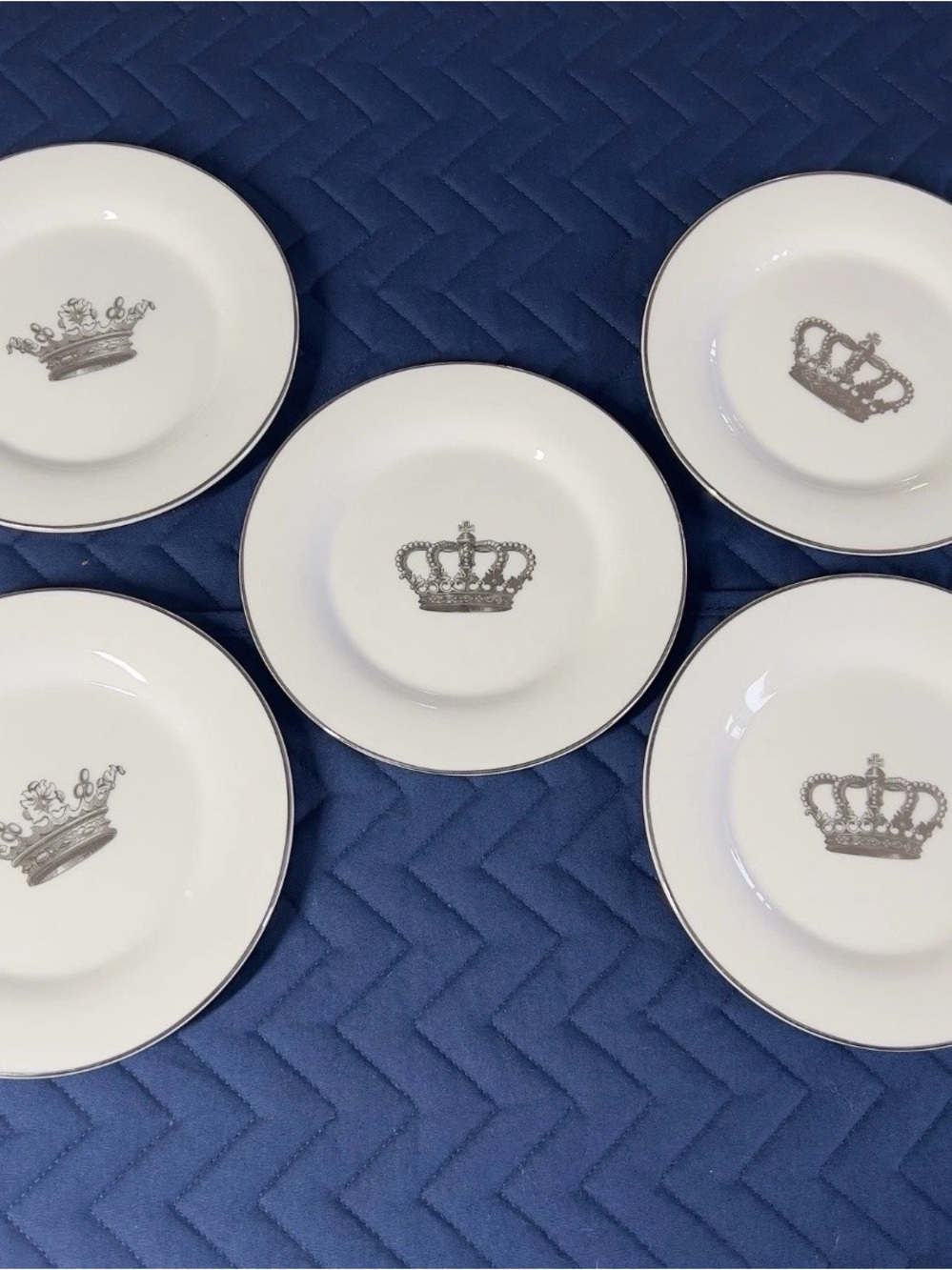 Sur La Table White Salad Plates with Silver Crown Motif - Set of 5